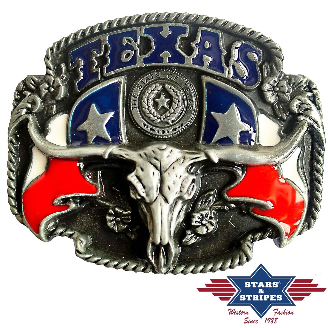 Western Gürtelschnalle - Texas Flag Longhorn Skull